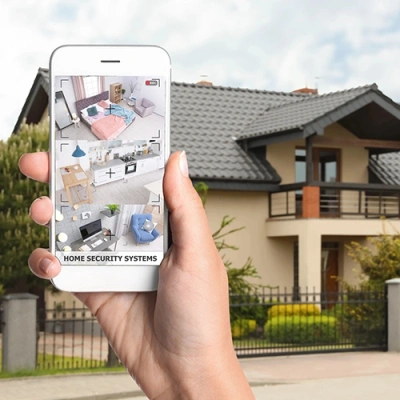 Reno vivint phone display of cctv live feed in front of a house